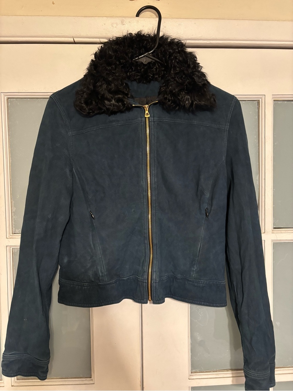 L'AGENCE Navy Suede Jacket with Black Faux-Fur Collar